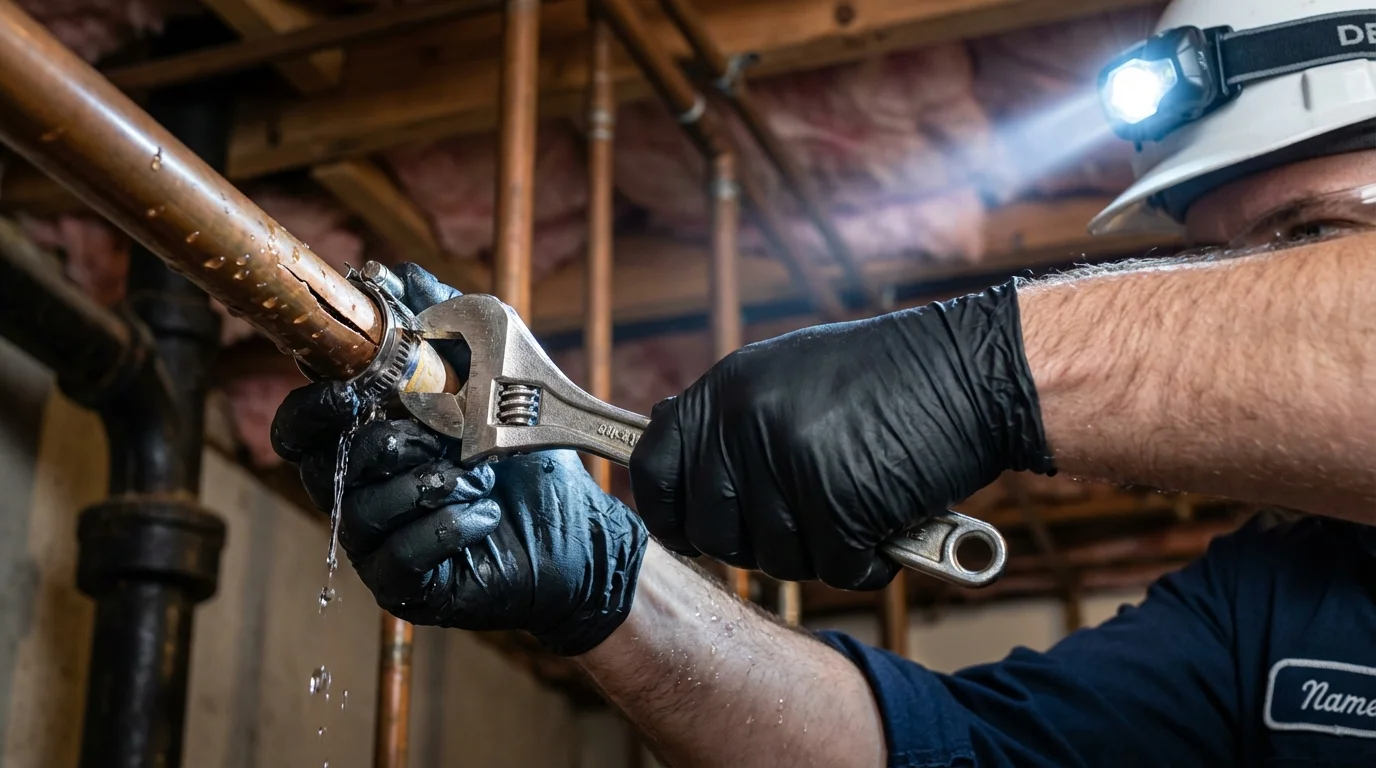 Emergency pipe clamp repair being performed by a Johns Plumbing LLC plumber in Ogunquit