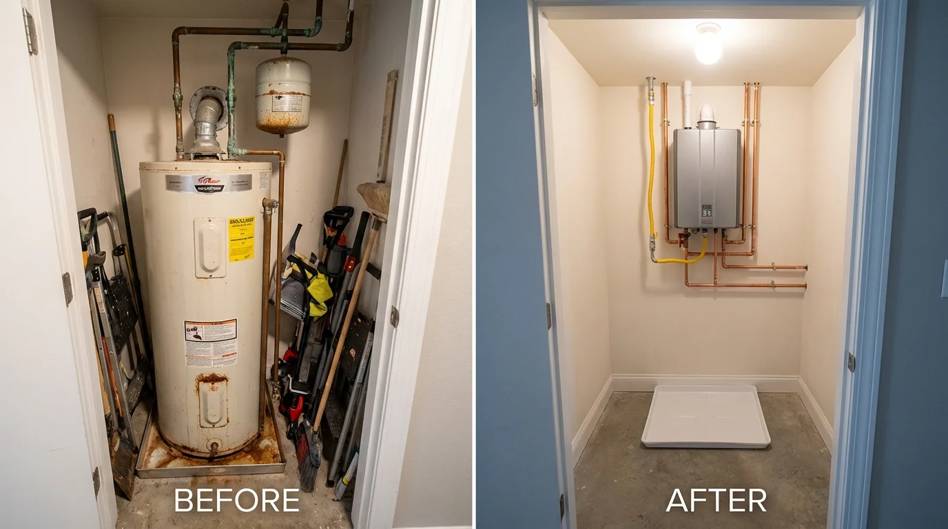 Tank water heater versus wall-mounted tankless unit comparison for Ogunquit, ME homeowners