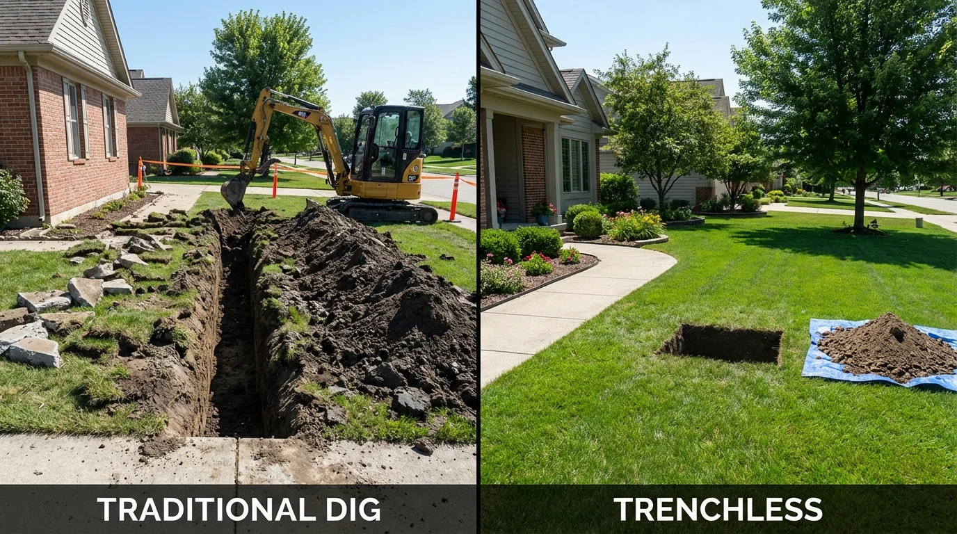 Trenchless sewer repair with minimal yard damage versus traditional excavation in Ogunquit, ME