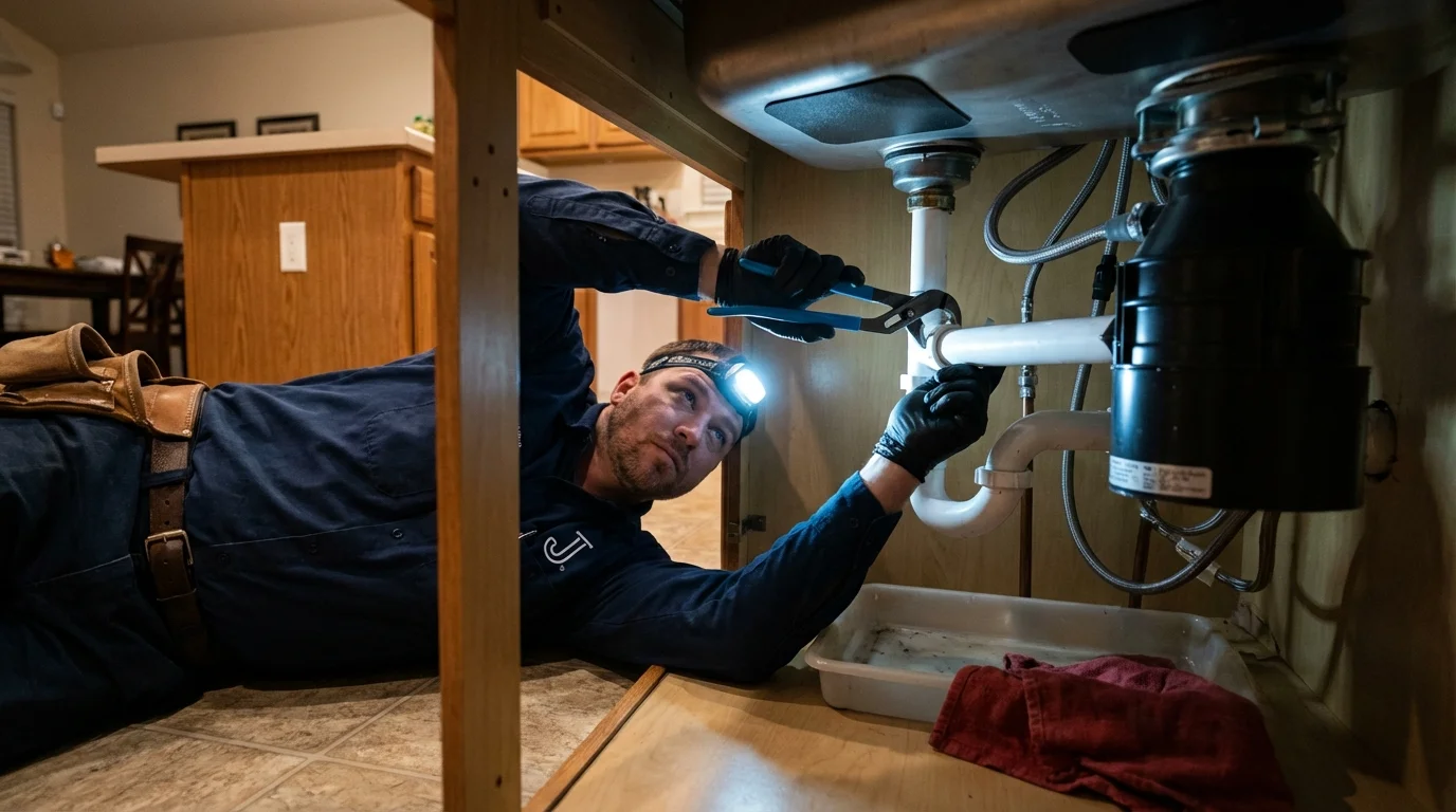 P-trap and supply line connections under a kitchen sink showing a common leak point in Ogunquit, ME
